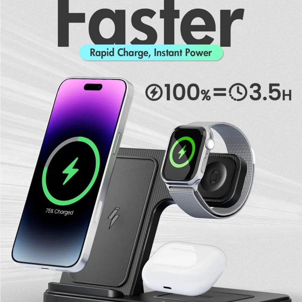 3-in-1 Black Wireless Charging Station for iPhone 16